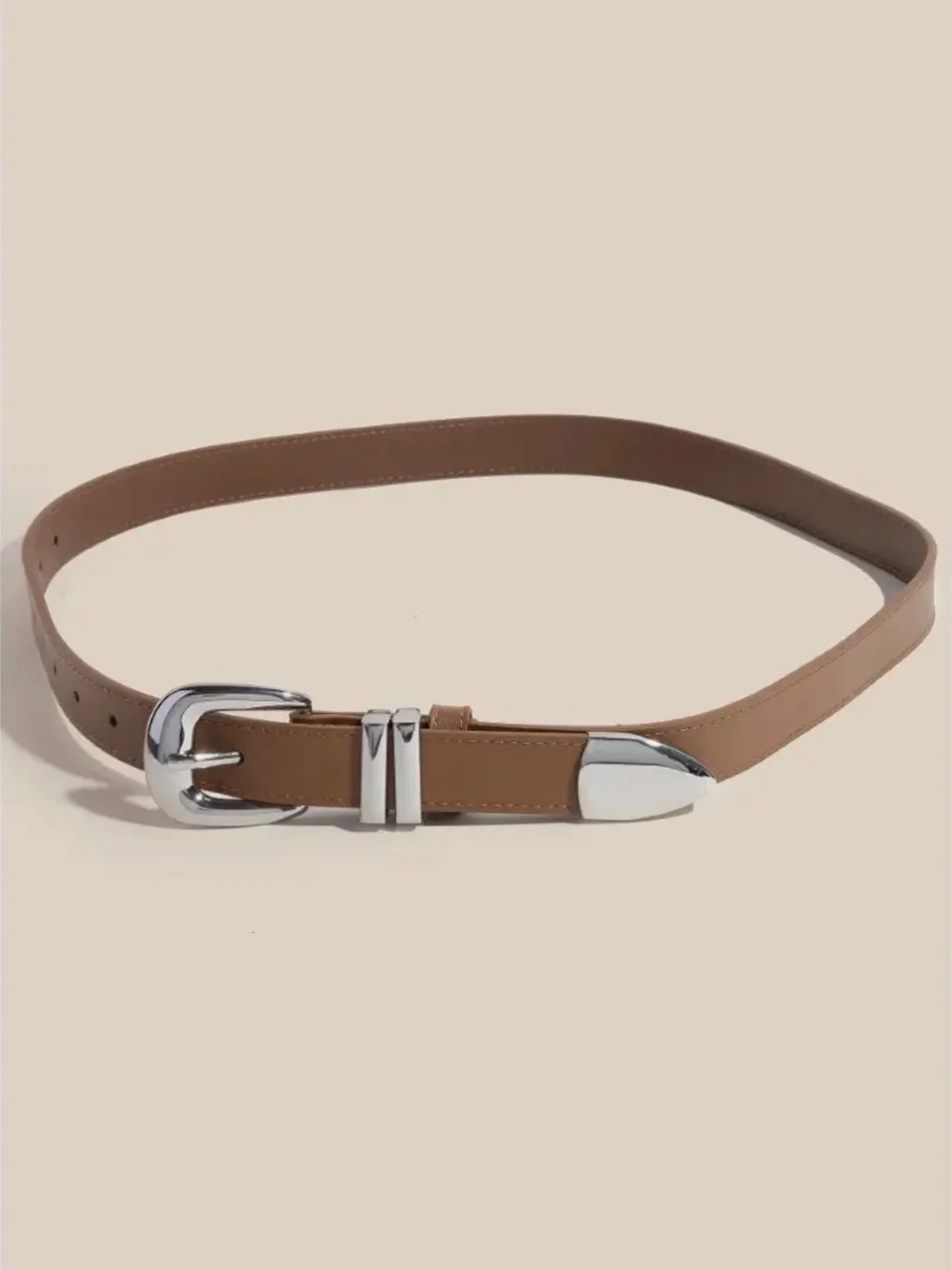 Brown Sleek Silver Buckle Leather Belt